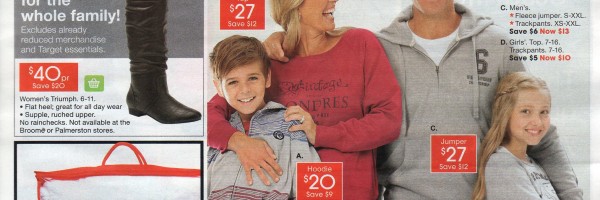 Target catalogue with 3 arm mens fleece jumpers