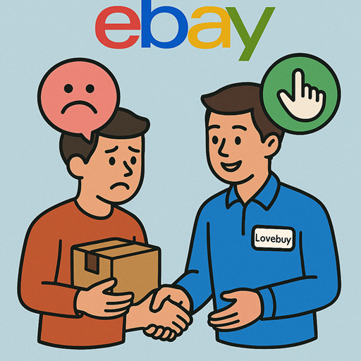 Image of customer shaking hands with lovebuy seller with ebay in the background. Yes the customers hand is twisted whch is possibly why the upset look on his face.