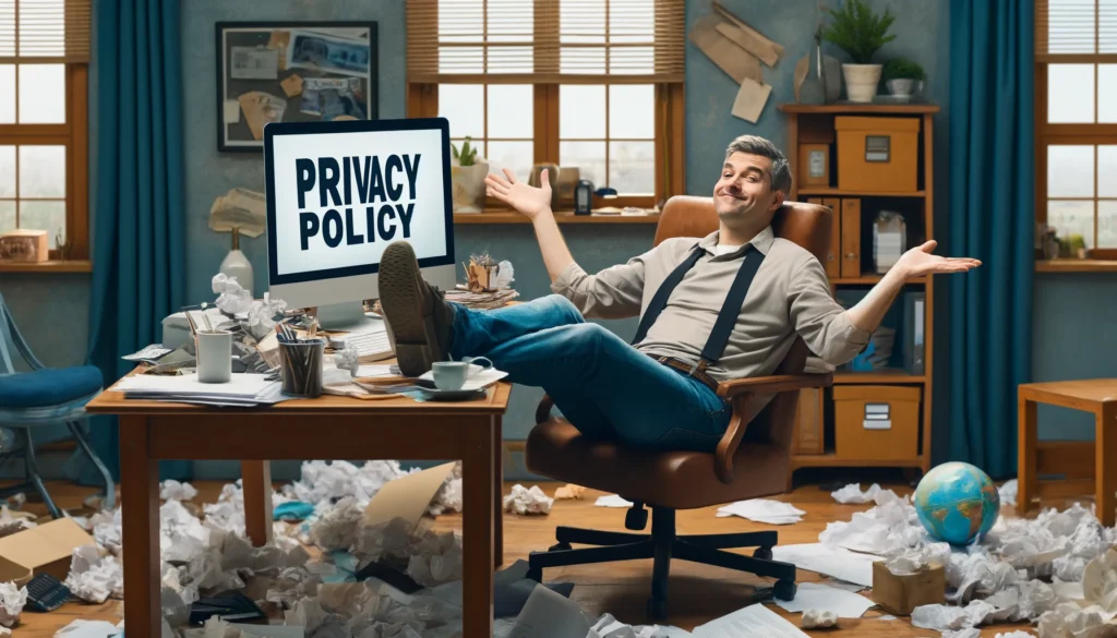 Here's the image based on the privacy policy text you provided. It portrays a fictional website owner with a humorous and carefree attitude towards privacy policies.